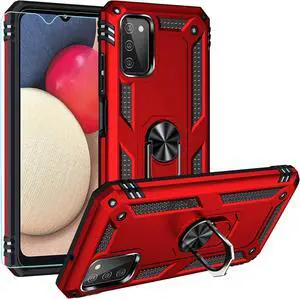 for Samsung Galaxy A03S Case with HD Screen Protector (Military Grade 16ft. Drop Tested) Magnetic Ring Holder Kickstand Protective Phone Case for Samsung Galaxy A03S, Red