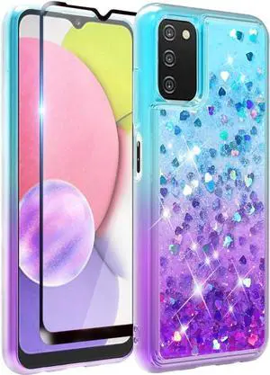for Samsung A03S Case: Cute Clear Glitter Flowing Liquid Quicksand Soft TPU Phone Case for Samsung Galaxy A03s with Tempered Glass Screen Protector - Teal/Purple