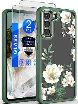 Dretal for Samsung Galaxy S21 5G Case Floral, Military Grade Drop Tested Hard Back & Soft Edge Slim Flower Women Girls Phone Protective Cover + Tempered Glass Screen Protector for Galaxy S21Green