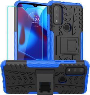 Moto G Pure Case with HD Screen Protector - Yiakeng Shockproof Silicone & Hard Cover, Kickstand - Blue