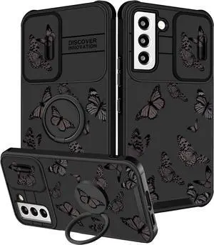(2in1 for Samsung Galaxy S22 Case for Girls Women Cute Butterfly Cover Girly Aesthetic Black Pretty Fashion Design with Camera Cover and Ring Stand Funda for Galaxy S22 Phone Cases
