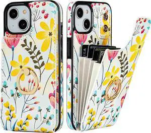 HAOPINSH for iPhone 13/ iPhone 14 Wallet Case with Card Holder, 360°Rotation Ring Kickstand, Floral Flower Pattern, RFID Blocking Leather for Girls Women, Double Buttons Flip Protective Cover 6.1"