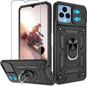 for T-Mobile REVVL 6 5G Case, Revvl 6X 5G Case with HD Screen Protector, 360° Rotation Ring Kickstand [Military Grade] Protective Case, Black