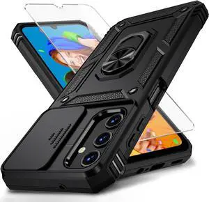 for Samsung Galaxy A25 5G Case with Slide Lens Cover, HD Screen Protector, Military Grade Drop Protection, Magnetic Rotated Ring Holder Kickstand Phone Case for Samsung Galaxy A25 5G (Black)