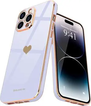Teageo for iPhone 14 Pro Case for Women Girl Cute Love Heart Luxury Plating Soft Bling Back Cover Raised Full Camera Protection Bumper Silicone Shockproof Phone Case for iPhone 14 Pro, Purple
