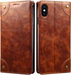 SINIANL iPhone Xs Case, iPhone X Case, Leather Wallet Folio Case Book Design Flip Cover with Stand and ID Credit Card Slot Magnetic Closure for iPhone Xs/X Khaki