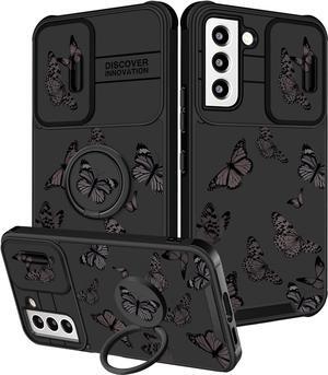 (2in1 for Samsung Galaxy S21 FE 5G Case for Women Girls Butterfly Cute Phone Cover Girly Pretty Aesthetic Black Design with Camera Cover and Ring Stand Funda for Samsung S21FE Cases 6.4''