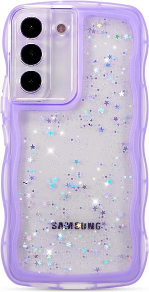 for Samsung Galaxy S21 Plus 5G Case 6.7",Cute Curly Wave Case with Star Glitter,Clear Shiny Bling Soft TPU Shockproof Phone Protecive Case for Women Girls-Purple