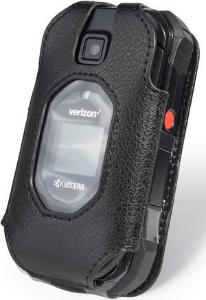 Nakedcellphone Fitted Series for Kyocera DuraXV Extreme, DuraXE Epic, DuraXA Equip Case, Black Vegan Leather Cover with [Built-in Screen Protection] and [Metal Belt Clip] for E4810/E4811/E4830/E4831