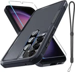 for Samsung Galaxy S23 FE Case [NOT for S23], Full Body Heavy Duty Rugged Shockproof Protective Phone Cover with Wrist Strap Lanyard, Tempered Glass Screen Protector and Camera Lens Cover, Black Matte