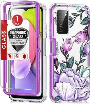 LeYi for Samsung-Galaxy-A03S-Phone-Case: with Exquisite Flower Floral Pattern and Screen Protector, Dual Layer Full Body Protective Rugged Shockproof Galaxy AO3S Phone Case for Women Girl, Purple