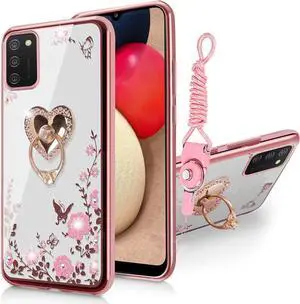 B-wishy for Samsung Galaxy A03S Case for Women, Glitter Crystal Butterfly Heart Floral Slim TPU Luxury Bling Cute Girls Protective Cover with Ring Holder Stand+Strap for Samsung A03S (Rose Gold)