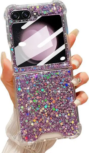 LCHULLE for Samsung Galaxy Z Flip 5 Case Bling Glitter for Girls Women Cute Shiny Sparkle Sequin Stars, Soft Silicone Four-Corner Shockproof Cover Protective Phone Case for Samsung Z Flip 5 5G(Purple)
