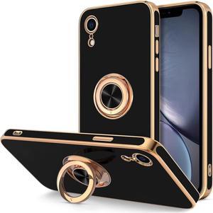 Case for iPhone XR Case Ring Stand [360° Rotatable Ring Holder Magnetic Kickstand] Shiny Plating Rose Gold Edge Soft TPU Bumper Cover Shockproof Protective Phone Cases iPhone XR 6.1-Inch, Black