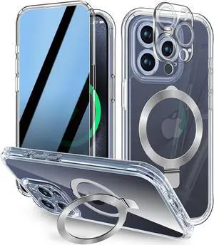 [Built-in Anti Peep Screen Protector & Invisible Magnetic Kickstand] Privacy Case for iPhone 15 Pro Max [Integrated Lens Protection] [Compatible with MagSafe] Full-Body Drop Proof Phone Case -Clear