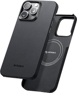 pitaka Case for iPhone 15 Pro Compatible with MagSafe, Slim & Light iPhone 15 Pro Case 6.1-inch with a Case-Less Touch Feeling, 600D Aramid Fiber Made [MagEZ Case 4 - Black/Grey(Twill)]