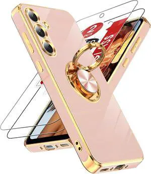 LeYi for Samsung Galaxy A35 Phone Case: with Tempered Glass Screen Protector [2 Pack] 360° Rotatable Ring Holder Magnetic Kickstand, Plating Rose Gold Edge Samsung A35 5G Case, Pink