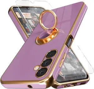 for Galaxy A14 5G Phone Case,+Screen Protector,with Magnetic Kickstand,Built-in 360° Rotation Ring Holder,Plating Gold Edge Slim Soft TPU Shockproof Protective Case for Samsung Galaxy A14 5G, Purple