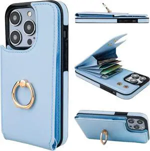 Folosu Compatible with iPhone 14 Pro Case Wallet with Card Holder, 360°Rotation Finger Ring Holder Kickstand, RFID Blocking Leather Protective Double Buttons Shockproof Cover 6.1 Inch Blue