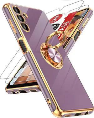 LeYi for Samsung Galaxy A13 5G Phone Case: with Tempered Glass Screen Protector [2 Pack] 360° Rotatable Ring Holder Magnetic Kickstand, Plating Rose Gold Edge for Samsung A13 5G Case, Purple