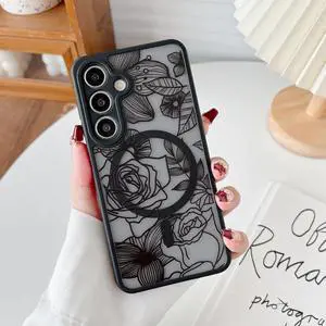 XIZYO Magnetic Case for Samsung Galaxy A15 Floral Rose Cute Phone Case [Compatible with Magsafe] for Women Girls Aesthetic Pattern Slim TPU Shockproof Bumper Cover, Black