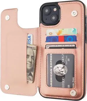 ONETOP Compatible with iPhone 15 Plus Wallet Case with Card Holder, PU Leather Kickstand Card Slots Case, Double Magnetic Clasp and Durable Shockproof Cover 6.7 Inch (Rose Gold)