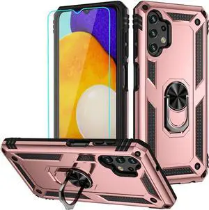 for Galaxy A13 4G Case, Samsung A13 4G Case with HD Screen Protector, Military-Grade Ring Holder Stand Car Mount 15ft Drop Tested Shockproof Cover Phone Case for Samsung Galaxy A13 4G, Rose Gold