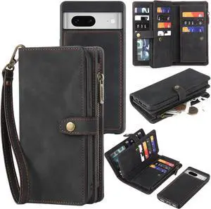 for Google Pixel 8 Wallet Case,Leather All-Round Shockproof Protective, Magnetic Flip Cover,Detachable Phone Case with Card Holder &Strap for Women/Men,Black