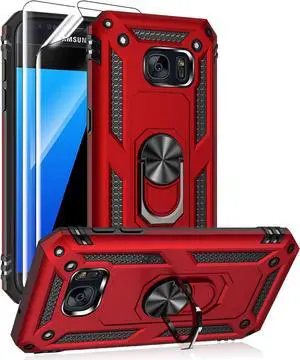 Androgate for Samsung Galaxy S7 Case with HD Screen Protectors, Military-Grade Metal Ring Holder Kickstand 15ft Drop Tested Shockproof Cover Case for Samsung Galaxy S7 Red