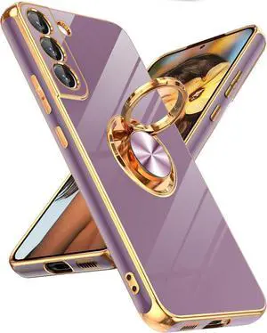 LeYi for Samsung Galaxy S22 Plus Phone Case: 360° Rotatable Ring Holder Magnetic Kickstand, Plating Rose Gold Edge for Samsung Galaxy S22 Plus Case, Purple