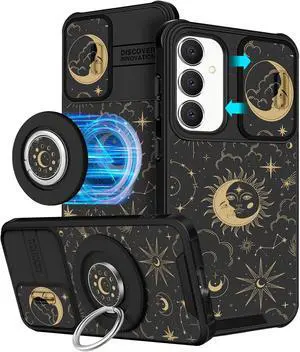 2in1 for Samsung Galaxy S23 FE Case Women Cute Girls Phone Cover Girly Sun Moon Stars Unique Design Camera Cover Compatible with MagSafe Ring Holder Stand Case for Galaxy S23 FE 5G 6.4"