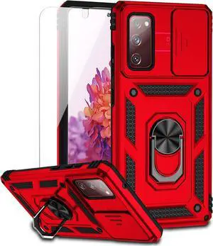 for Samsung Galaxy S20 FE 5G Case with Camera Lens Cover HD Screen Protector, Military-Grade Drop Tested Magnetic Ring Holder Kickstand Protective Phone Case for Samsung Galaxy S20 FE 5G (Red)