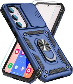 SunStory Compatible with Samsung Galaxy S23 FE 5G Case with HD Screen Protector & Slide Camera Cover & Rotated Ring Kickstand, [Military-Grade] Phone Case for Galaxy S23 FE (Blue)