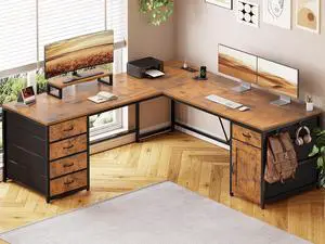 L Shaped Desk, 63" Computer Desk with 5 Drawer & Power Outlet, Long Home Office Desk or Corner Desk, L Shaped Corner Desk with Monitor Shelf, Storage Cabinet, Rustic Brown
