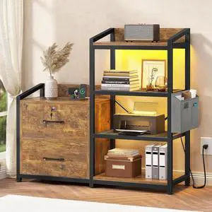 SEDETA 35.4 File Cabinet, Filing Cabinet fits Letter/A4 Size, 2 Drawe File Cabinets for Home Office with Power Strip, LED Lights, Lock, Open Shelf, Rustic Brown SEDETA 35.4 File Cabinet, Filing Cabinet fits Letter/A4 Size, 2 Drawe File Cabinets for Home Office with Power Strip, LED Lights, Lock, Open Shelf, Rustic Brown