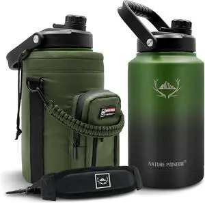 NATURE PIONEOR Insulated Water Bottles with Strap - 128 oz Stainless Steel Vacuum Bottle with Holder/Carrier/Sleeve - Reusable 18/8 Food Grade Thermos Water Jug