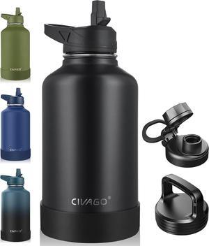 CIVAGO 64 oz Insulated Water Bottle With Straw, Half Gallon Stainless Steel Sports Water Flask Jug with 3 Lids (Straw, Spout and Handle Lid), Large Metal Thermal Cup Mug, Midnight Black