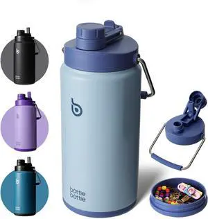 BOTTLE BOTTLE Insulated Water Bottle 64 oz with Straw and Dual-use Lid Half Gallon Water Jug Vacuum Stainless Steel for Workout Sports Insulated Beer Growler with Handle and Pills Holder Blue