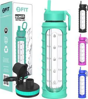 FIT Strong & Healthy 32 oz Glass Water Bottle with Straw Lid, Time Marker, Sleeve & Extra Lid - Motivational, Wide Mouth, Large BPA-Free 1 Liter Glass Drinking Bottle
