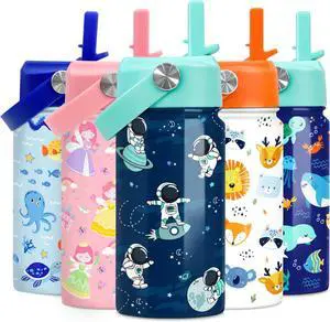 Astronaut Water Bottle - Kids Water Bottle with Straw Lid - 12 Oz Insulated Stainless Steel Water Bottles for Toddlers Kid Boys - Travel Cup for School Sports