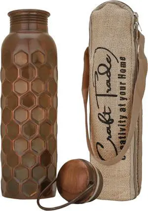 Craft Trade Hammered Pure Copper Bottle with Lid and Carry Bag for Drinking Water BPA Free Leak Proof Boosts Immunity, Supports Digestive & Liver Health, Ayurveda Inspired 34oz - 1 Litre Black