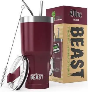 Beast 40 oz Tumbler Stainless Steel Vacuum Insulated Coffee Ice Cup Double Wall Travel Flask (Cranberry Red)