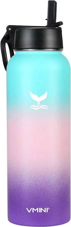 Vmini Water Bottle with Straw, Wide Rotating Handle Straw Lid, Wide Mouth Double Walled Vacuum Insulated Stainless Steel Water Bottle, Gradient Mint+Pink+Purple, 40 oz