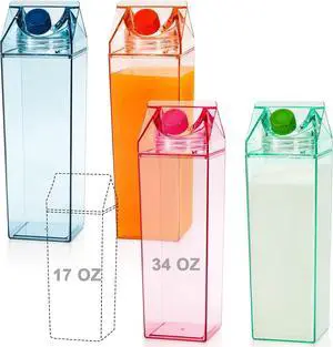 yarlung Set of 4 Milk Carton Water Bottle, 34 Oz Colorful Clear Plastic Milk Bottles Leakproof Square Milk Box Portable for Outdoor Sports Travel Camping, 4 Colors