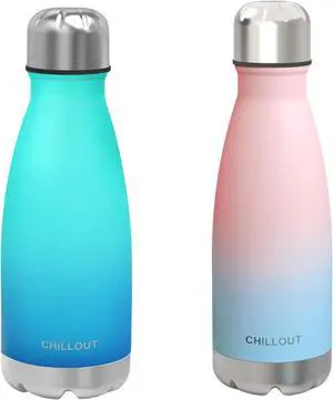 CHILLOUT LIFE Stainless Steel 2 Pack Water Bottle for Kids School: 12 oz Double Wall Insulated Cola Bottle Shape for Cold and Warm Drinks, 2 Set (Cotton Candy - Ocean Blue)