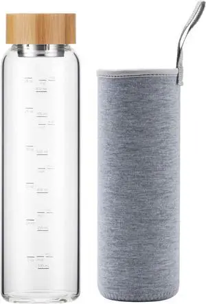 sunkey Glass Water Bottle 32 oz Wide Mouth with Sleeve Bamboo Lid Motivational Water Bottle With Time Marker Reusable Safe for Hot Cold Drinks Bpa Free (Gray)