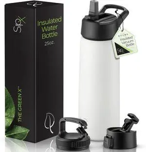 SipX Triple-Insulated Stainless Steel Water Bottle 25oz. With 3 Lids, BPA-Free Reusable Insulated Water Bottle Keeps Cold 24 Hours, Metal Water Bottle Made Of Sustainable Material For Hiking & Biking