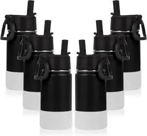 Volhoply 14oz Water Bottle with Straw Lid and Silicone Boot Bulk 6 Pack,Stainless Steel Insulated Thermos for Boys & Girls Multipack,Double Wall Vacuum Leakproof Kids bottles(Black,6)