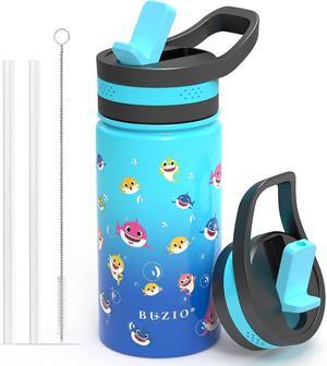 14 OZ Kids Water Bottle with Straw Lid, BUZIO Vacuum Insulated Double Walled Stainless Steel Drink Flask BPA-Free & Lead-Free Metal Sports Tumbler Travel Cup for Boys, Blue Shark