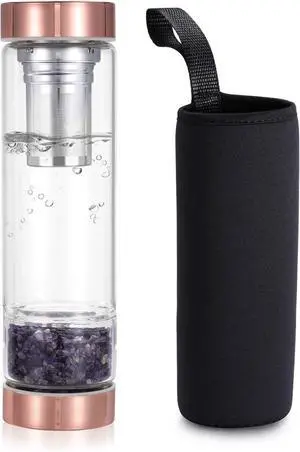 Yoption Crystal Water Bottle, Natural Amethyst Healing Glass Water Bottle, Includes a Loose Leaf Tea Infuser Bottle and Protective Sleeve
